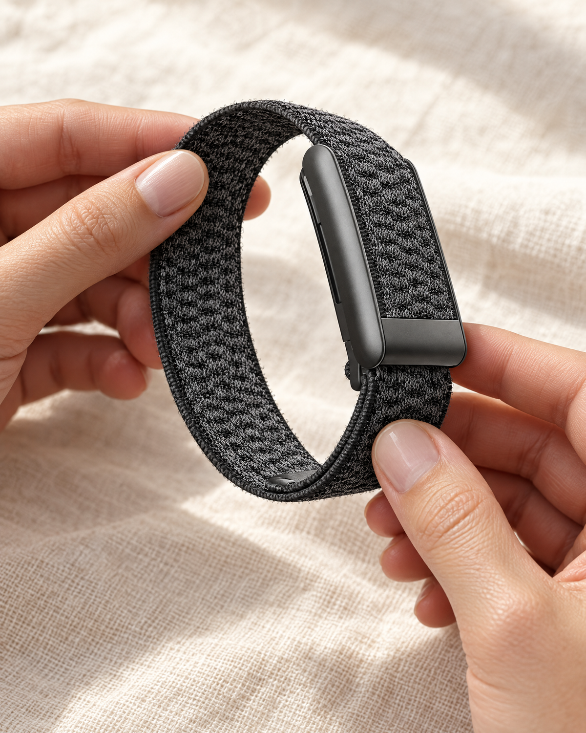 Hands holding a grey knit band
