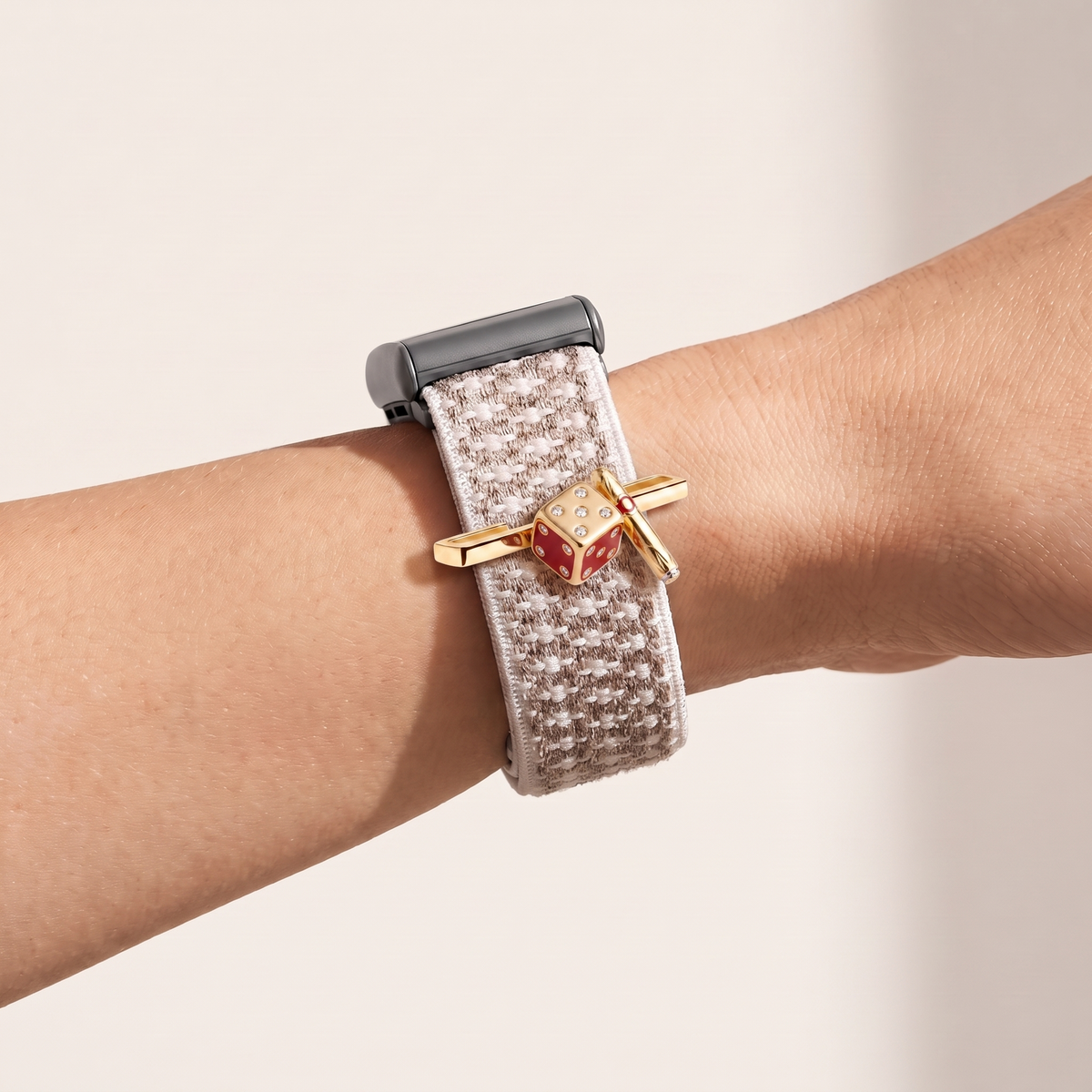 Charm Bar · Dice worn on a knit band